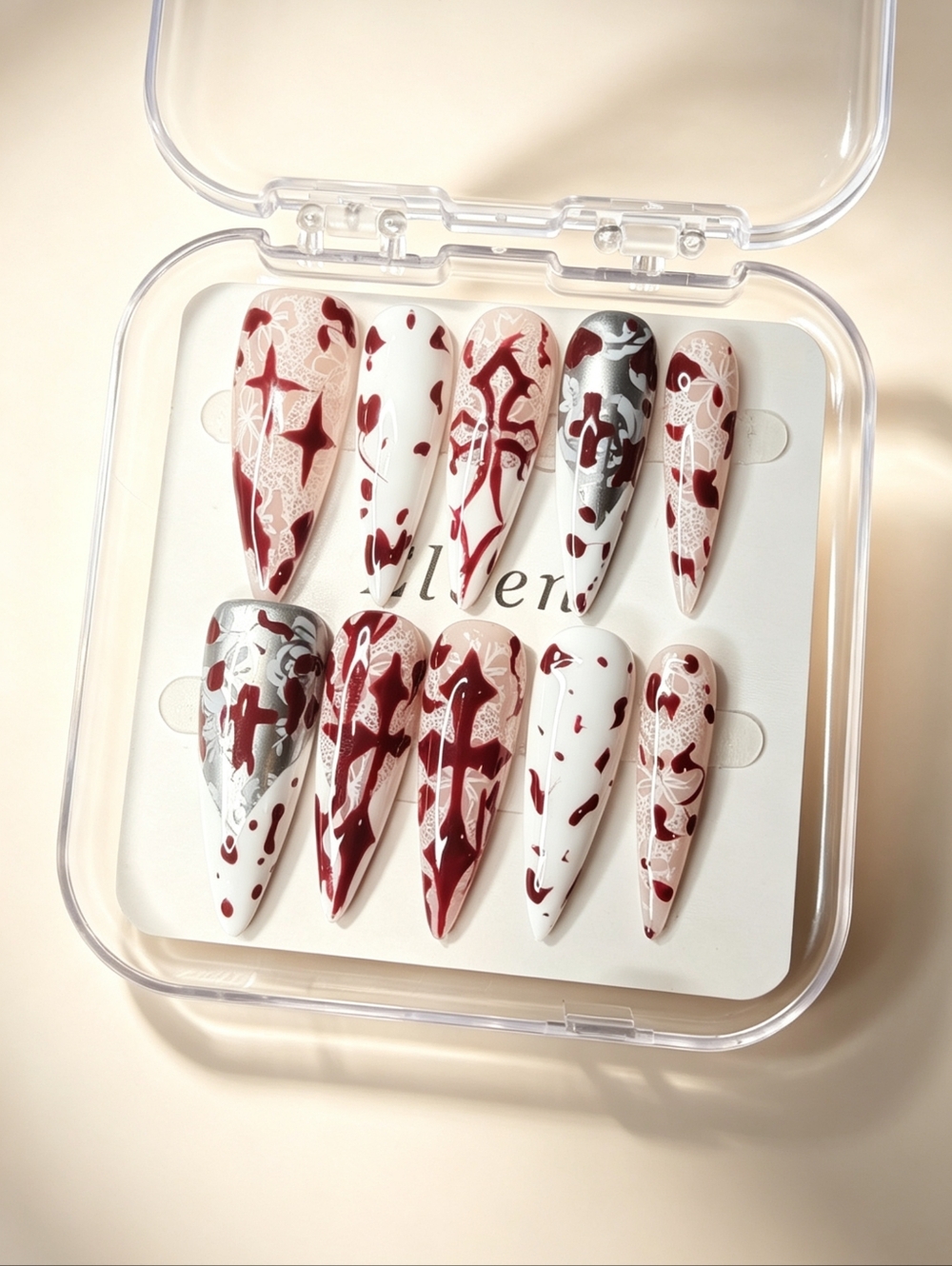 Gothic Cross Style Red and White Lace Stiletto Handmade Press On Nails Art Set